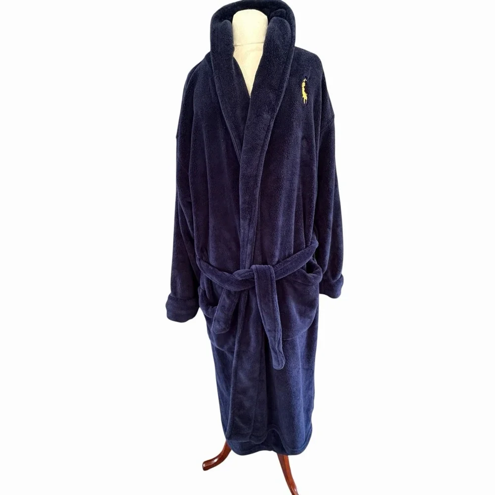 Polo Ralph Lauren Mens Cruise Navy Plush Microfiber Robe OS Pony Logo Preppy